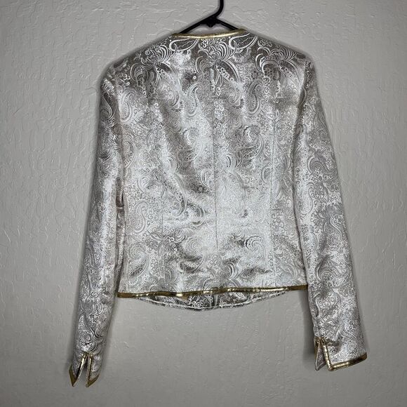 Cache Gold Silver Metallic Paisley Lined Rhinestone Button Jacket Women’s Size 6 - Picture 6 of 10